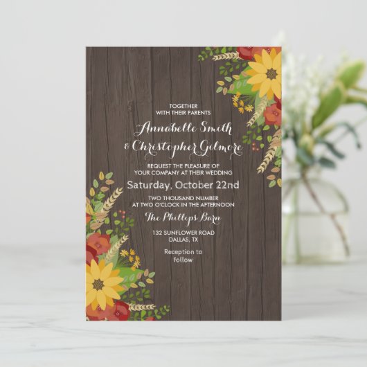 ひまわりと木目素朴の結婚木 招待状 (スタンド正面)