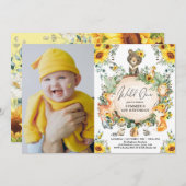 ひまわりと森林のワイルドな1歳誕生日写真 招待状 (正面/裏面)