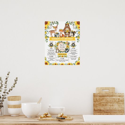 ひまわりと森林の動物たち 1歳の誕生日マイルストーン ポスター (キッチン)