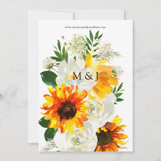 ひまわりと白いバラのアーティスティックな花の結婚式 招待状 (裏面)