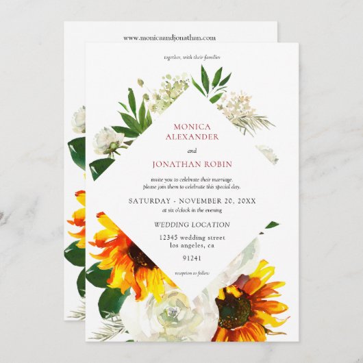 ひまわりと白いバラのアーティスティックな花の結婚式 招待状 (正面/裏面)