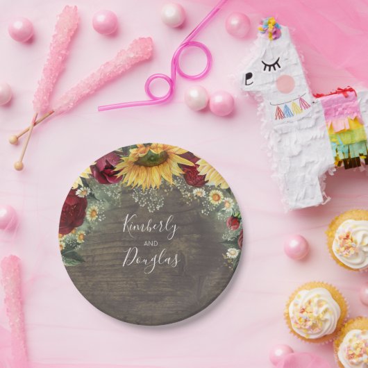 ひまわりと真っ赤なバラのラスティックオータムウェディング ペーパープレート (パーティー)