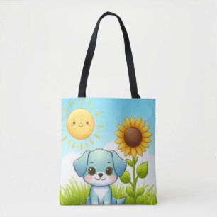ひまわりと笑顔の太陽で愛らしいワンちゃん トートバッグ