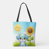 ひまわりと笑顔の太陽で愛らしいワンちゃん トートバッグ (裏面)