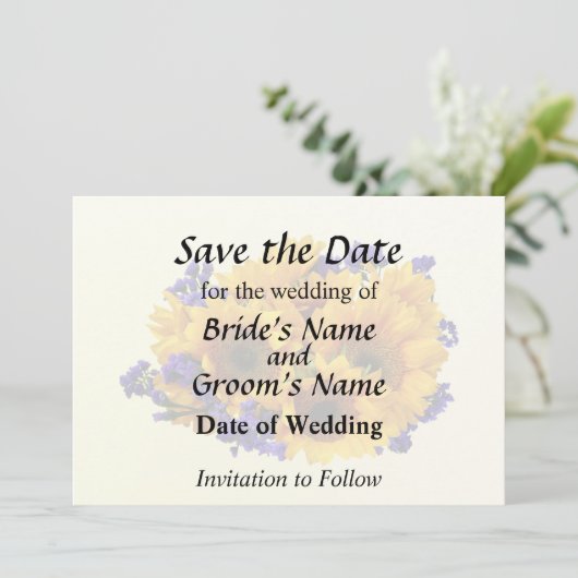 ひまわりと紫のスタティスの花束 セーブザデート (スタンド正面)