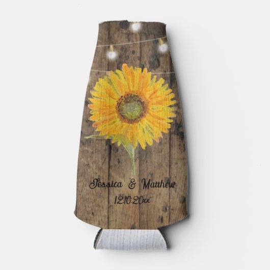 ひまわりと自然な花のウェディング ストリング ライト ウッド ボトルクーラー (正面)