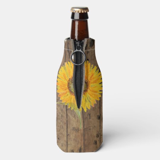 ひまわりと自然な花のウェディング ストリング ライト ウッド ボトルクーラー (ボトル裏面)