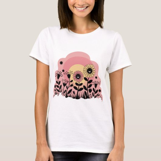 ひまわりと花のグラフィックTシャツ Tシャツ (正面)