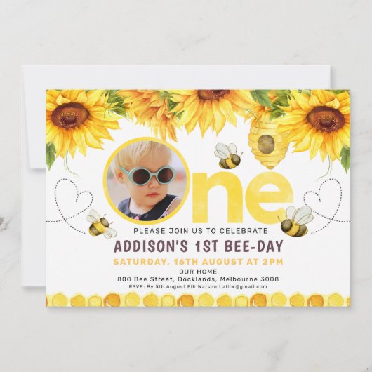 ひまわりと蜂 ハート ビーデイ フォト 1歳 誕生日 招待状 (正面)