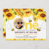 ひまわりと蜂 ハート ビーデイ フォト 1歳 誕生日 招待状 (正面/裏面)