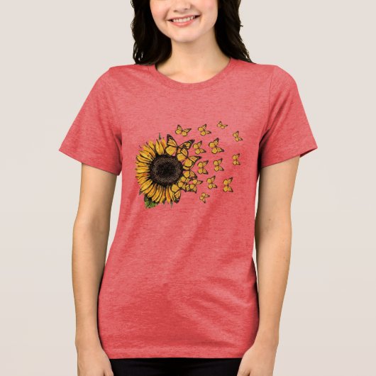 ひまわりと蝶のグラフィックデザイン トライブレンドTシャツ (正面)