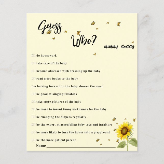 ひまわりと蝶のベイビーシャワー・ゲス・フー・ゲーム (正面)