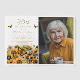 ひまわりと蝶の女性の90歳の誕生日 ベラム紙招待状