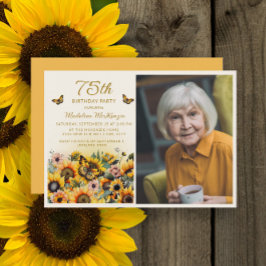 ひまわりと蝶の75歳の誕生日パーティーの写真 招待状