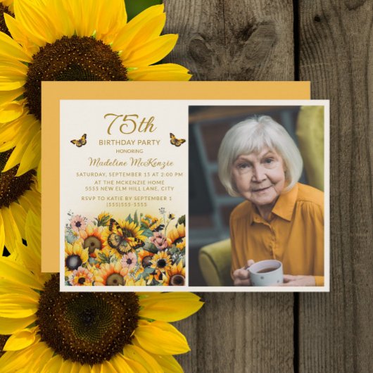 ひまわりと蝶の75歳の誕生日パーティーの写真 招待状