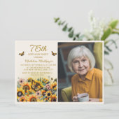 ひまわりと蝶の75歳の誕生日パーティーの写真 招待状 (スタンド正面)