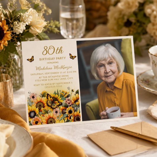 ひまわりと蝶の80歳の誕生日パーティーの写真 招待状