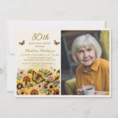 ひまわりと蝶の80歳の誕生日パーティーの写真 招待状 (正面)