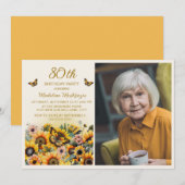 ひまわりと蝶の80歳の誕生日パーティーの写真 招待状 (正面/裏面)