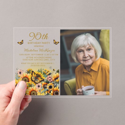 ひまわりと蝶の90歳の誕生日パーティーの写真 アクリル招待状 (インサイチュ (ポータブル))