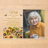ひまわりと蝶の90歳の誕生日パーティーの写真 アクリル招待状 (正面)