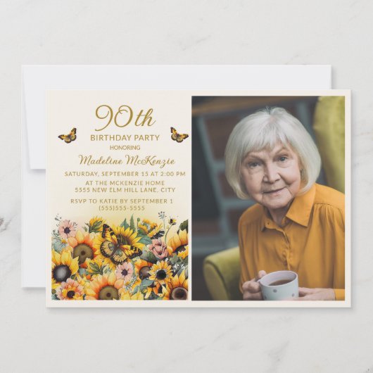ひまわりと蝶の90歳の誕生日パーティーの写真 招待状 (正面)
