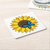 ひまわりと青い蝶 スクエアペーパーコースター (アングル)