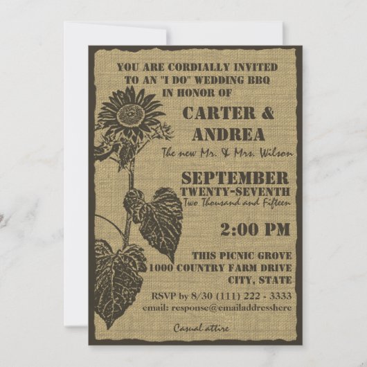 ひまわりと麻のBBQ ウェディング レセプション 招待状 (正面)