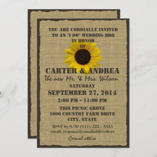 ひまわりと麻のBBQ ウェディング レセプション 招待状 (正面/裏面)