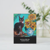 ひまわりと黒猫のブルー・ターコイズ サマー・パーティ インビテーションポストカード (スタンド正面)