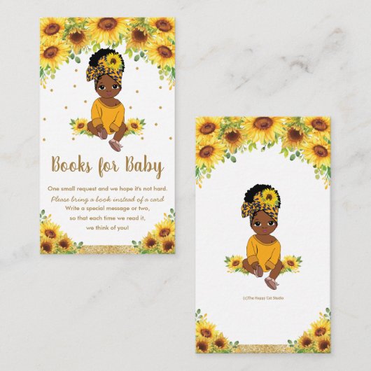 ひまわりのかわいいアフリカ系アメリカ人の女の子が本を持ってくる エンクロージャーカード (正面/裏面)