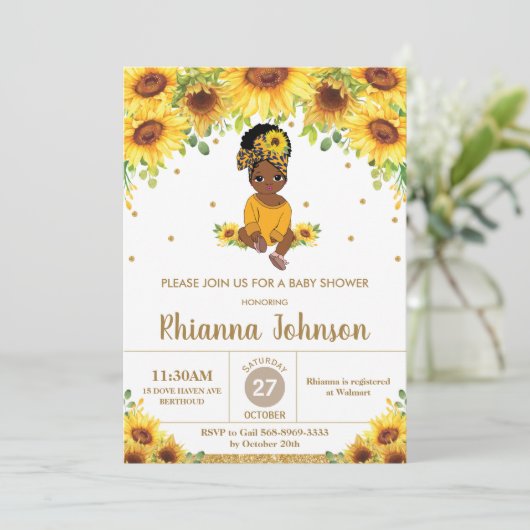 ひまわりのかわいいアフリカ系アメリカ人女の子のベビーシャワー 招待状 (スタンド正面)