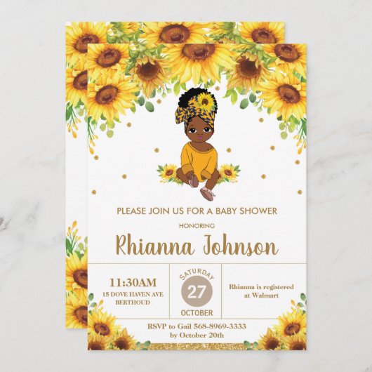 ひまわりのかわいいアフリカ系アメリカ人女の子のベビーシャワー 招待状 (正面/裏面)