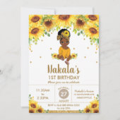 ひまわりのかわいいアフリカ系アメリカ人女の子1歳の誕生日  招待状 (正面)