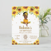 ひまわりのかわいいアフリカ系アメリカ人女の子1歳の誕生日  招待状 (スタンド正面)