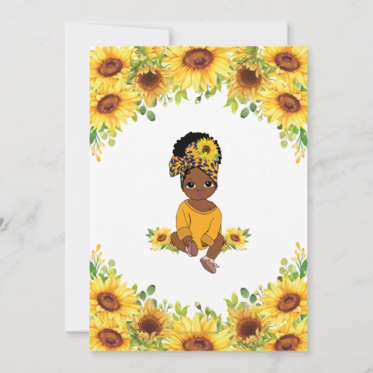 ひまわりのかわいいアフリカ系アメリカ人女の子1歳の誕生日  招待状 (裏面)