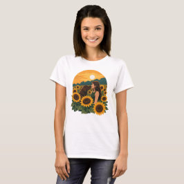 ひまわりのなかの女性とチョコレートラブラドール Tシャツ