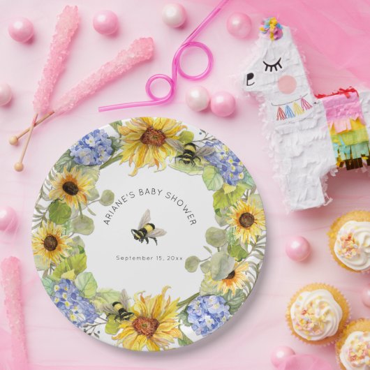ひまわりのまわりにブルーアジサイ赤ちゃんシャワー ペーパープレート (パーティー)