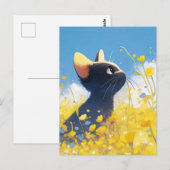 ひまわりのような黄色いキンポウゲの花畑の子猫 ポストカード (正面/裏面)
