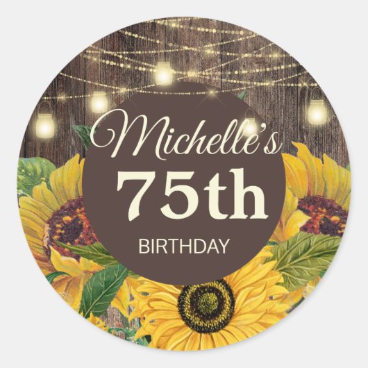 ひまわりのウッドストリングライト 75歳の誕生日 ラウンドシール (正面)