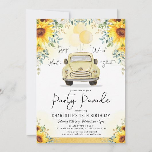 ひまわりのエレガントドライブ·スルーバースデーパーティー·パレード 招待状 (正面)