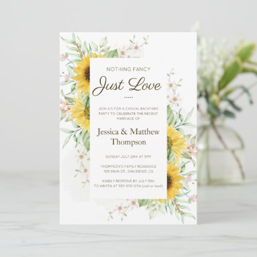 ひまわりのカジュアルな結婚式の秘密の挙式の披露宴 招待状 (スタンド正面)