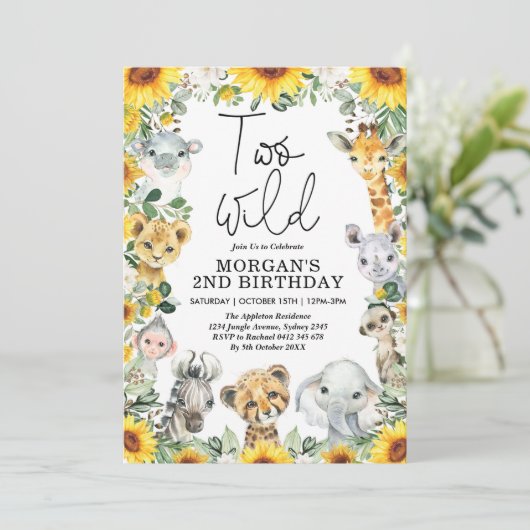 ひまわりのサファリ動物2頭誕生日 招待状 (スタンド正面)