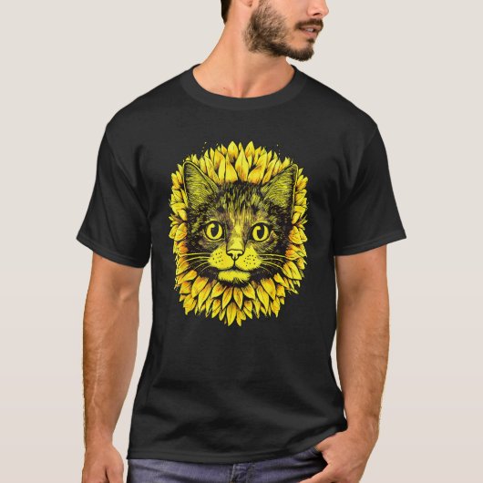 ひまわりのスタンの中の芸術的な猫の顔 Tシャツ (正面)