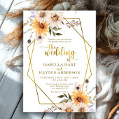 ひまわりのデイジー秋フローラ金ゴールドフレーム結婚ズ 招待状