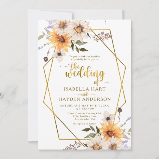 ひまわりのデイジー秋フローラ金ゴールドフレーム結婚ズ 招待状 (正面)