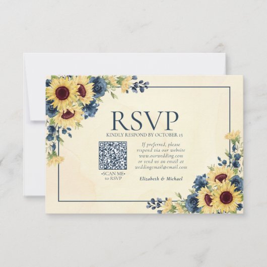 ひまわりのネイビーブルーの花のQRコードの結婚式 出欠カード (正面)