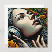 ひまわりのヘッドフォンを持つ美しい女性 (正面/裏面)