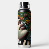 ひまわりのヘッドフォンを持つ美しい女性 ウォーターボトル (背面)