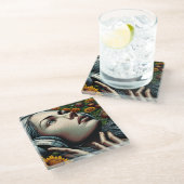 ひまわりのヘッドフォンを持つ美しい女性 ガラスコースター (アングル)